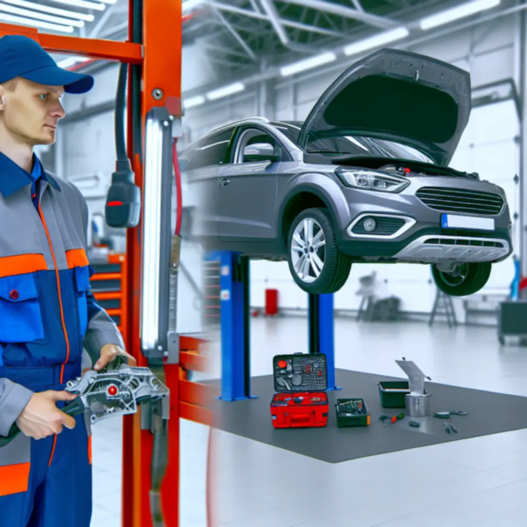 Suomalainen automekaanikko työskentelee nosturilla olevan auton parissa huoltohallissa