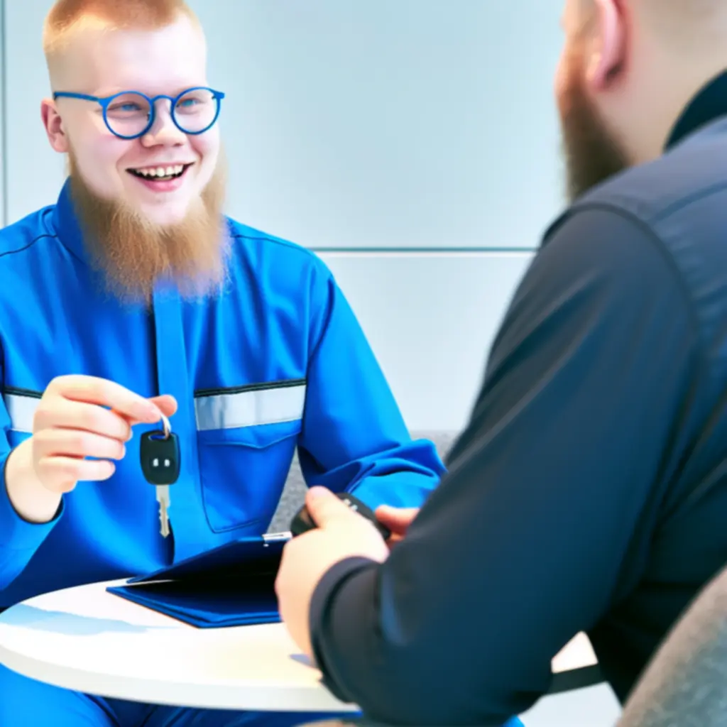 Huoltoneuvoja keskustelee asiakkaan kanssa hinnasta ja huoltot f6ist e4 toimistossa.