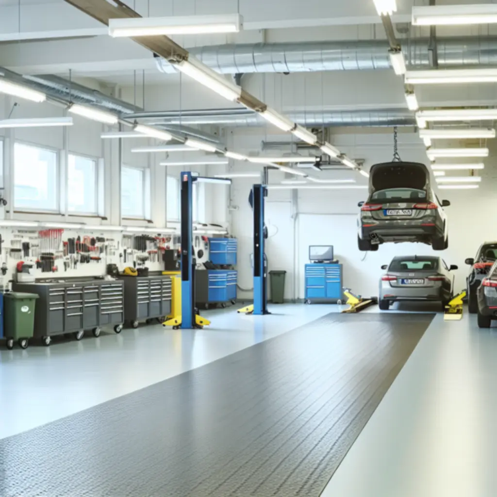 Moderni suomalainen autohuoltohalli, jossa on nostureita ja hyvin valaistut huoltopaikat
