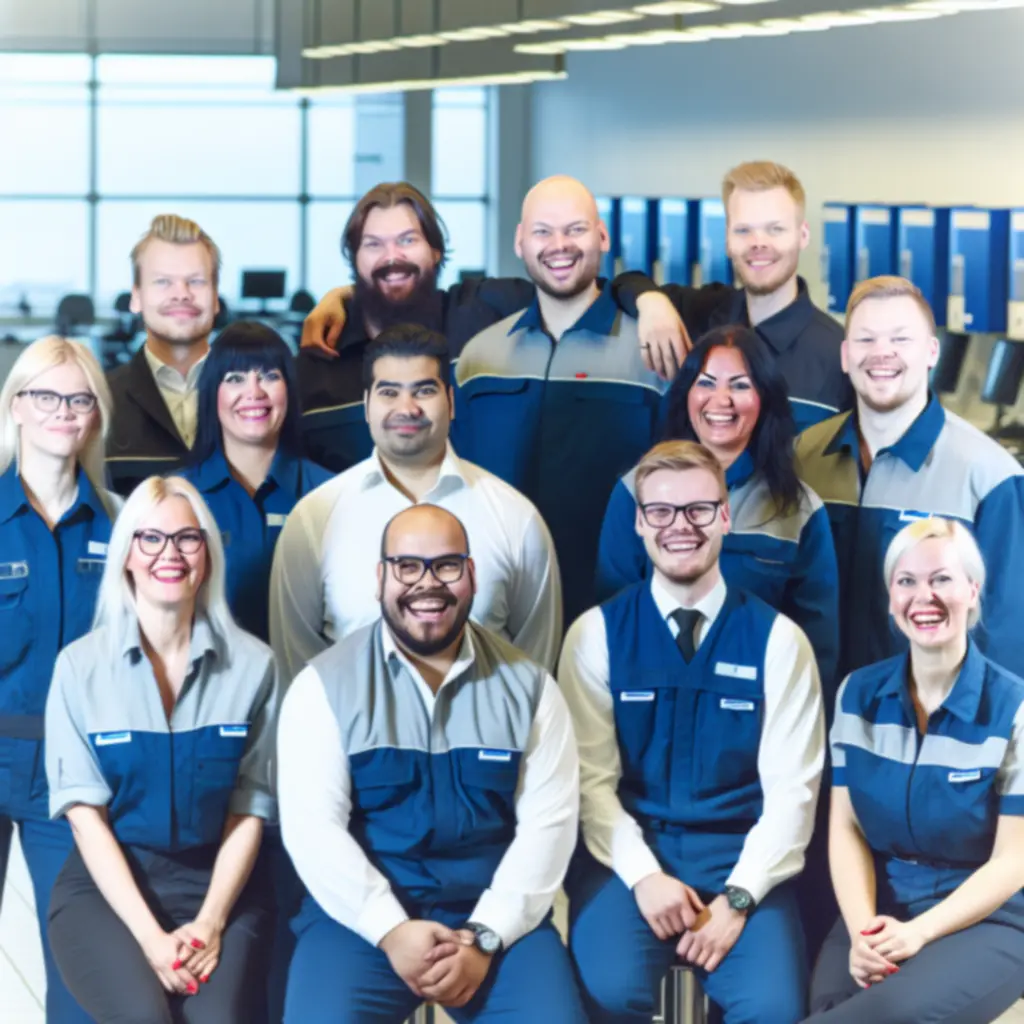 Suomi Car Onlinen suomalainen autohuoltotiimi hymyilee huoltohallissa.