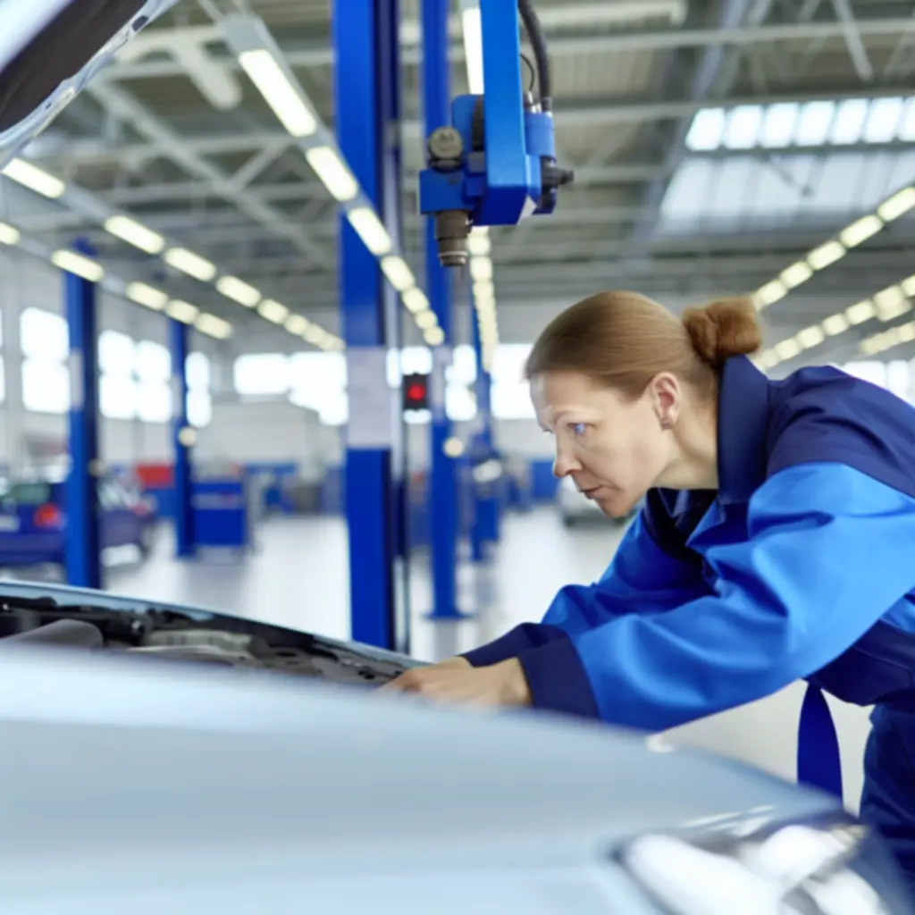 Mekaanikko työskentelemässä huolellisesti asiakkaan auton parissa modernissa korjaamohallissa