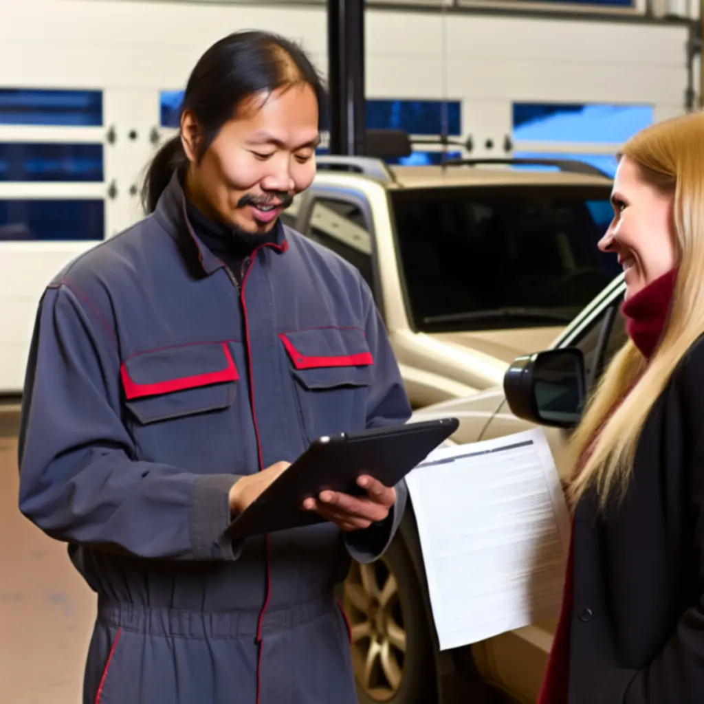 Mekaanikko käy läpi huoltoraporttia asiakkaan kanssa