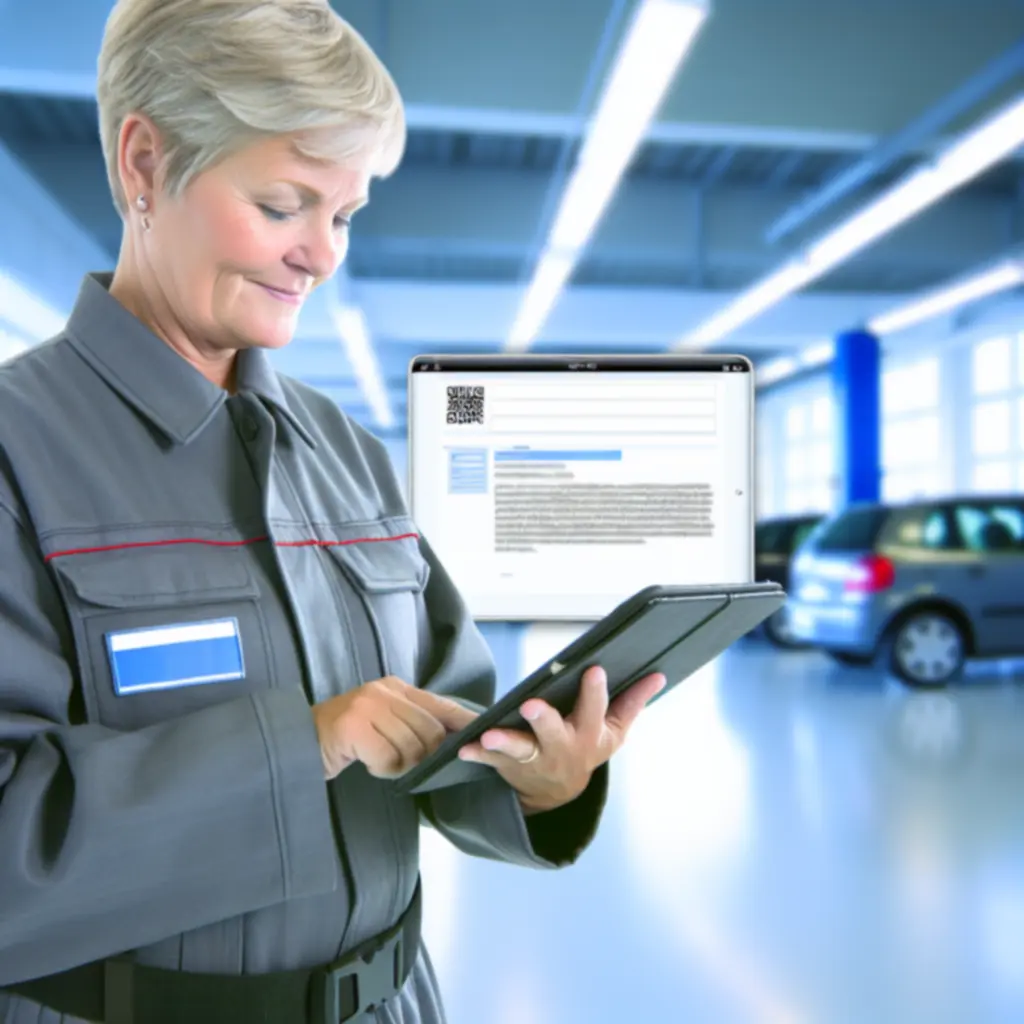 Autohuollon ammattilainen tarkistamassa digitaalista varaustietoa