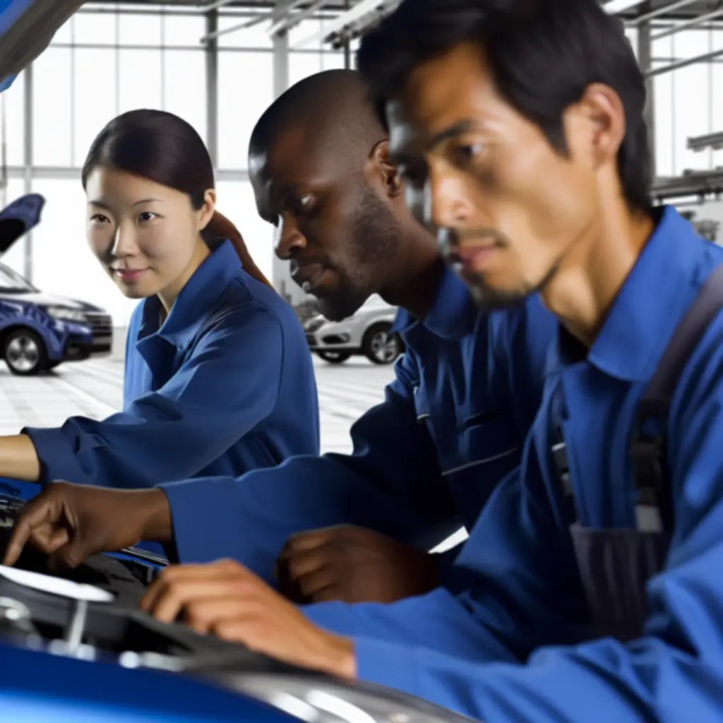 Mekaanikot työskentelevät nykyaikaisessa suomalaisessa autokorjaamossa